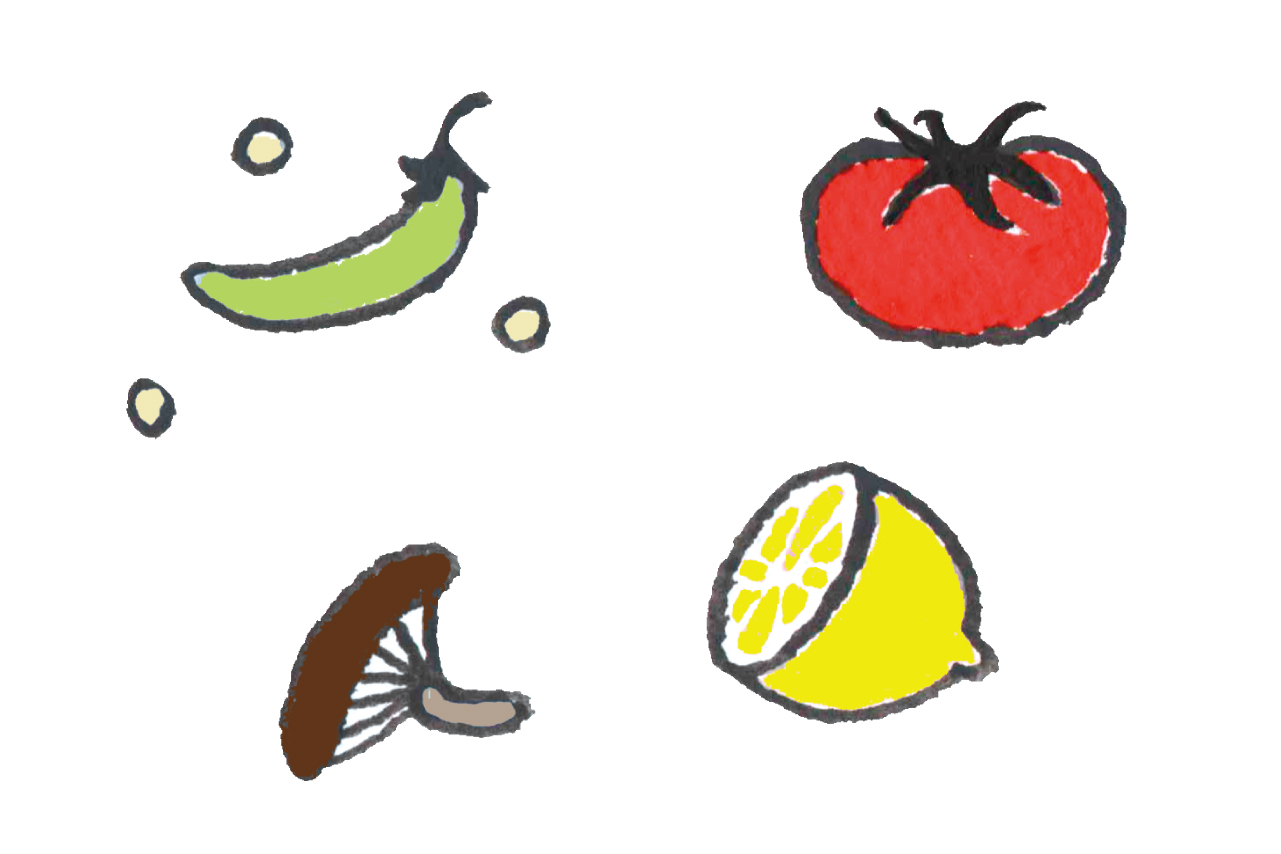 イラスト／おおの麻里　トマト、インゲン、レモン、キノコ