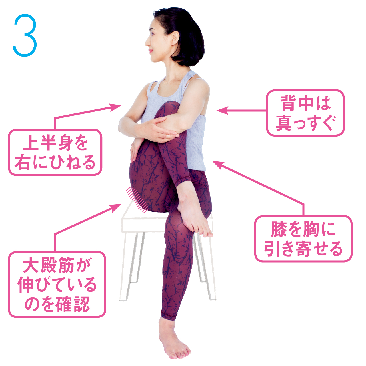 右膝を体に引きつけたまま、上体と顔を右に向けます。お尻の筋肉（大殿筋）が伸びているのを確認しながら、30秒キープします。反対側も同様に