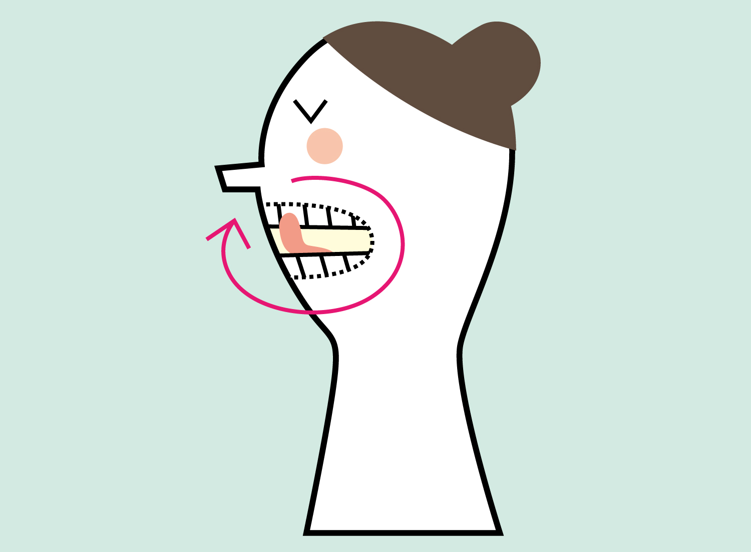 ３. 舌を歯と唇の間に入れて、口を開かないようにしながら、ぐるりと大きく２回まわします。顔のシワを中から押し伸ばすような要領で、初めは右回り、次のターンで左回りで