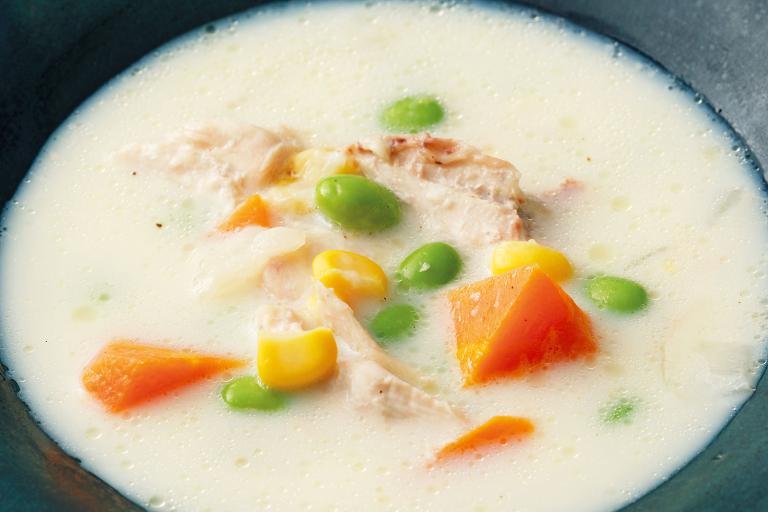 「豆乳クリームスープ」は「チキンスープストック（作り置き）」で栄養価アップ／Wタンパク質レシピ