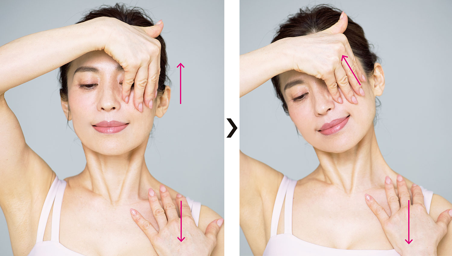 正面を向き、左手の4本の指の腹を左の鎖骨の表層の皮膚に密着させ、下に下げるようにします。右手で、左の頰骨の皮膚を上に持ち上げて引っ張り合います。その後、首を真横に45度傾けて10秒キープ
