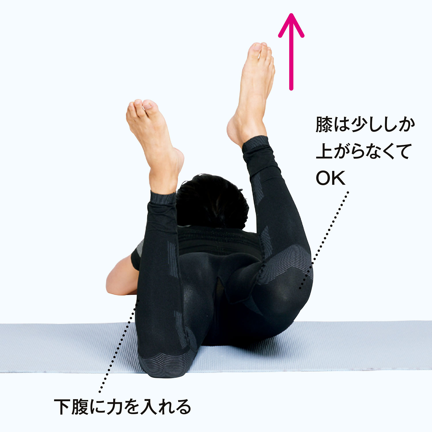 股関節の力を抜いて、右の膝を床から少し上げる