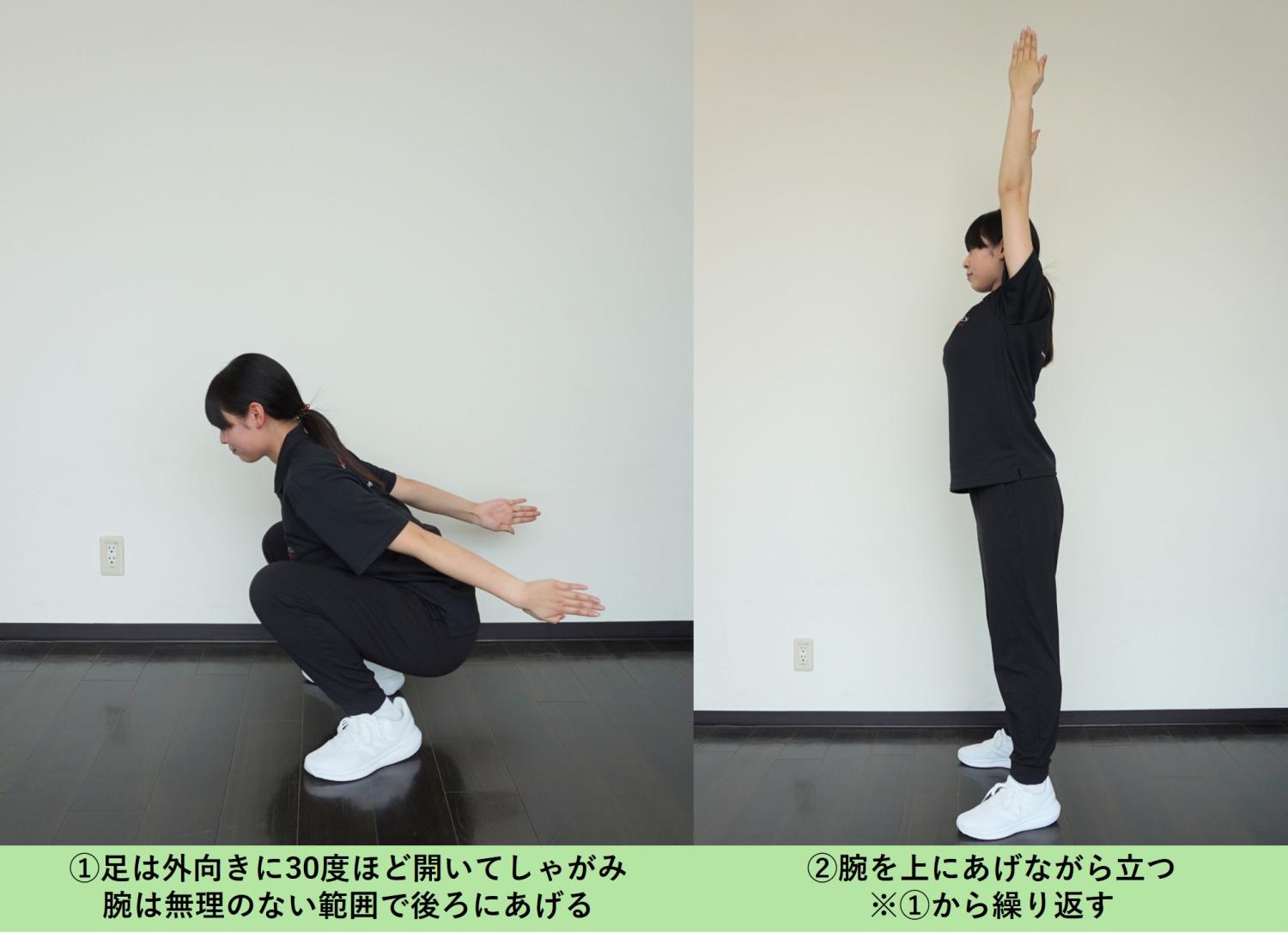 効率よく筋力をつける「ドクターズスクワット」腕の動きをいれてみる場合