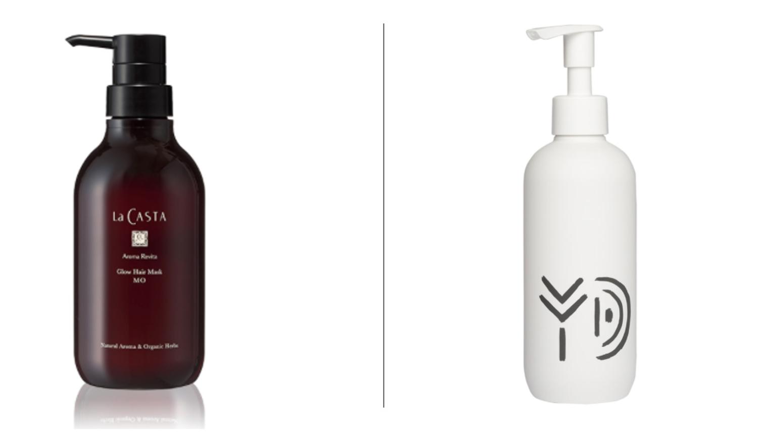 左は、ラ・カスタのエイジングケア、「アロマリヴァイタ」シリーズのトリートメント。天然のローズの精油を使っています。髪をなめらかにしてくれます。右のユメドリーミンのコンディショナーはナチュラル系でありながら、髪がしっとり落ち着く仕上がりに驚かされます。