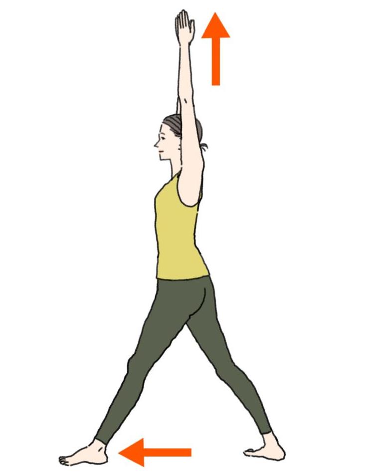 股関節ケア とんがりストレッチ 一歩前に踏み出す 両手を上げる
