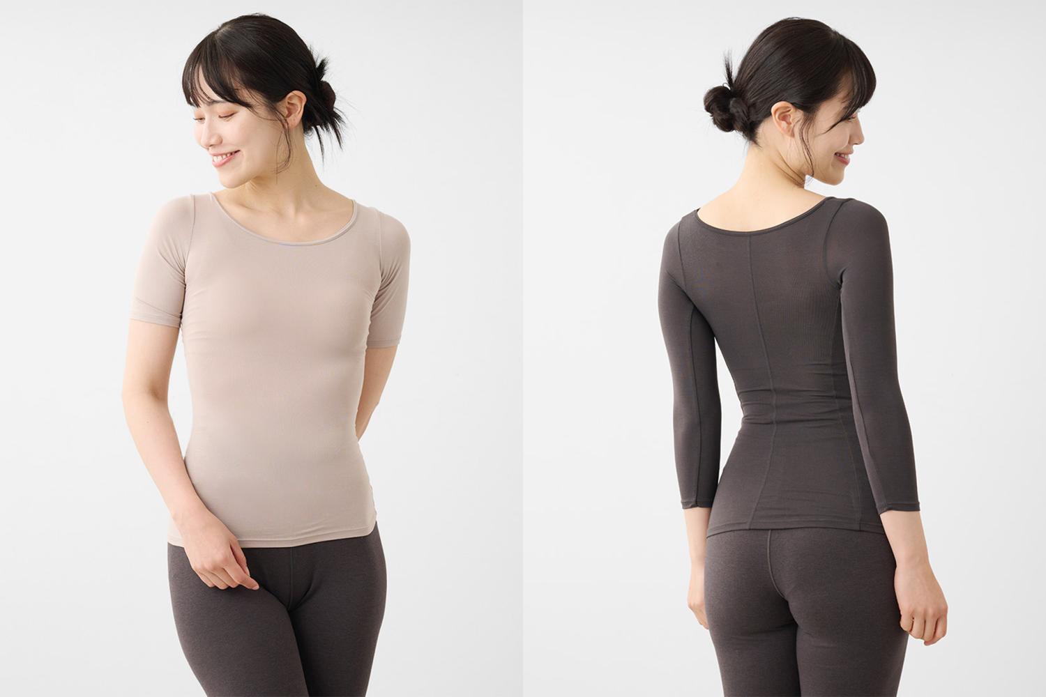 肩ラクラク姿勢サポートインナー半袖（グレーベージュ）　肩ラクラク姿勢サポートインナー8分袖（チャコールグレー）