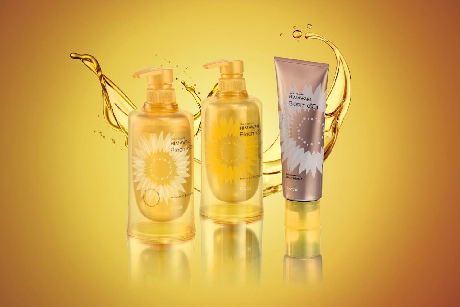 左から、ディアボーテ ブルームドール モイスチャーイン シャンプー、モイスチャーイン トリートメント、モイスチャーフィル ヘアマスク